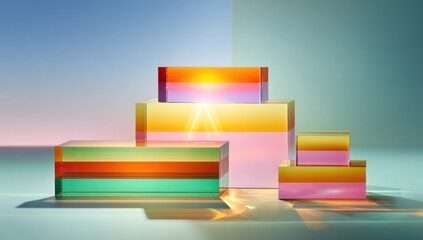 Multi-colored translucent rectangular display stands arranged in a tiered design.