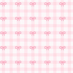 Preppy bow seamless pattern on a pink checkered background. Vector cute cartoon hand drawn illustration. Ideal for textile printing, baby clothes, wallpaper, packaging, notebooks, scrapbooking.