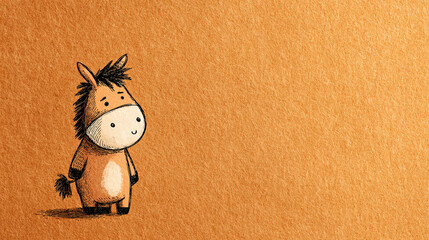 Cute, simple, happy cartoon donkey portait on a warm light brown background. 