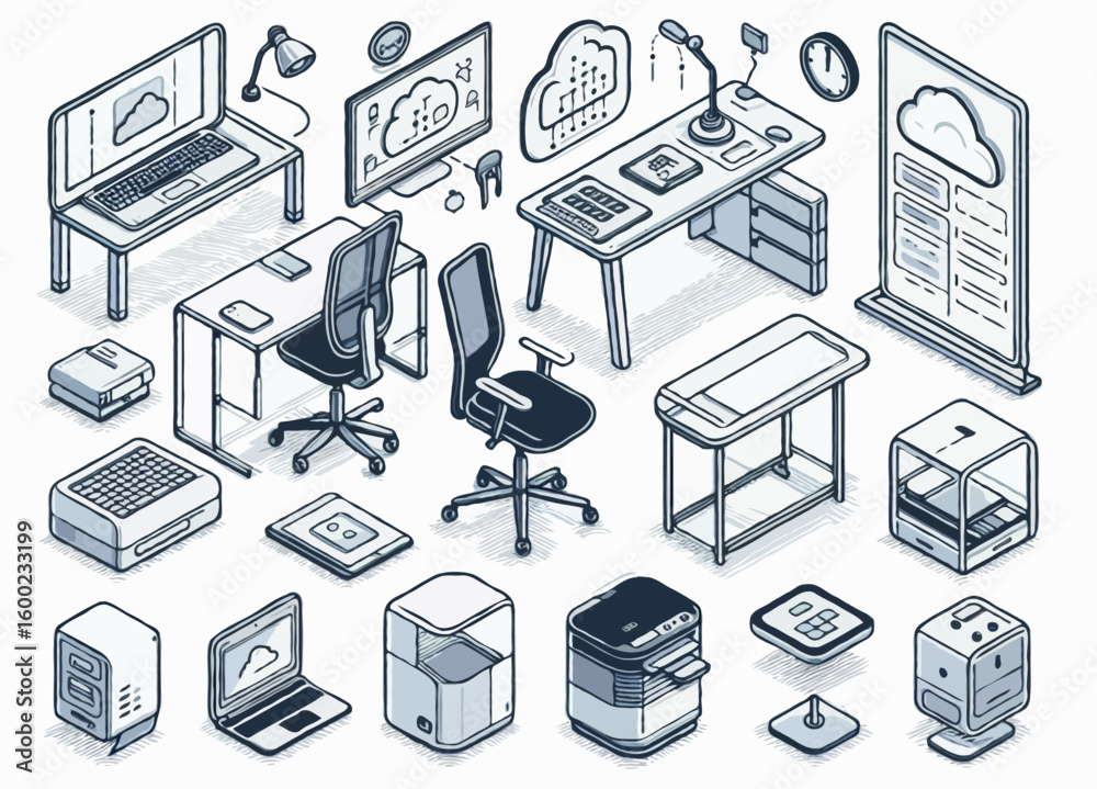 Fototapete a set of isometric outline vector icons of smart office elements