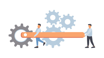 Two men carrying orange bar connecting to large gray gear with smaller gears in the background