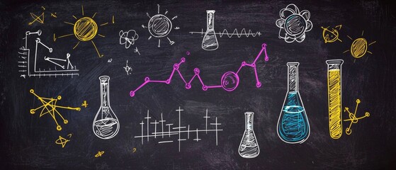 Hand-drawn educational illustrations in physics, chemistry, and biology.