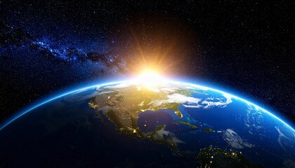 Fototapeta premium Light beams from a cosmic nebula bursting behind Earth, side lighting, shadows across
