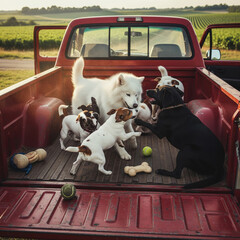 Dogs playing in the bed of a pick up truck