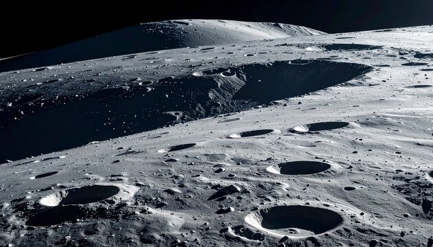 Lunar surface under partial sunlight, dark long shadows cast by crater edges