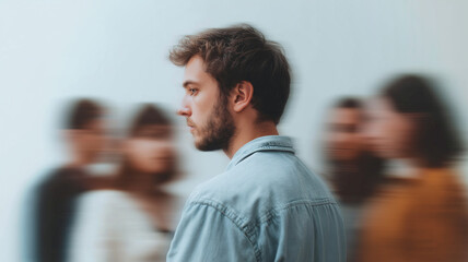 This person stands still in a blurred crowd, reflecting on shame and guilt under pressure.