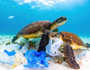 A sea turtle is entangled by plastic pollution underwater