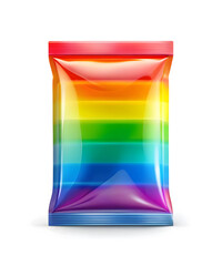 Blank rainbow plastic bag. Food snack, chips packaging isolated on white beckground, use for template your design. rendering mockup template