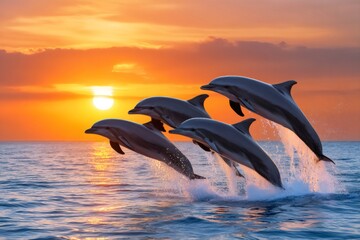 Group of dolphins jumping out of the water at sunset