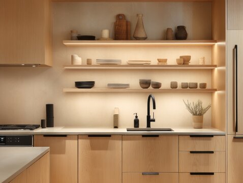 Light-filled kitchen with open shelving.