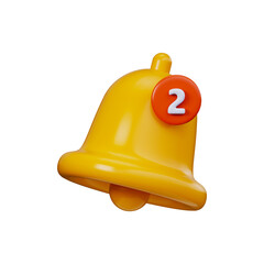 Yellow 3D notification bell, 2 new notifications. Social media notification icon, new messages, app notifications, reminders or subscription alerts.