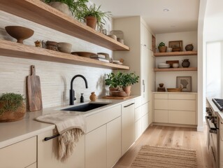 Fototapeta premium A modern kitchen with open shelving and warm tones.