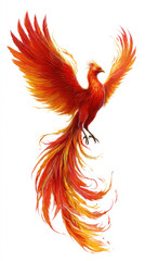 Fototapeta premium Rising phoenix with blazing wings and tail feathers, vertical orientation, intense fire detail, isolated against clean white background for commercial design
