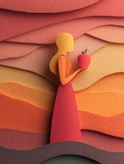 Woman holding an apple in a layered paper art style background  