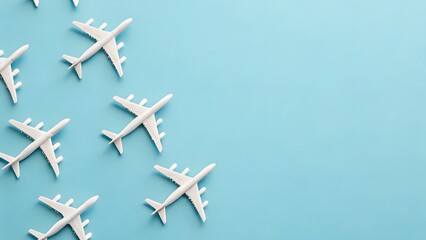 White Toy Airplanes Scattered on Blue Background Representing Air Travel Concept