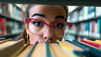 Curious student explores library shelves filled with colorful books during afternoon study session