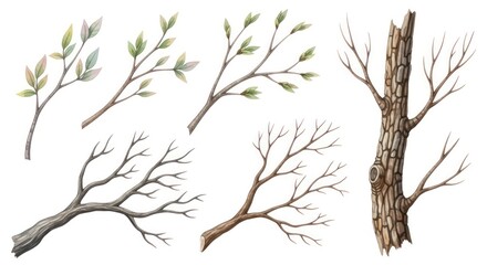 Obraz premium A Detailed Watercolor Study of Tree Branches: Bare, Budding, and Trunk