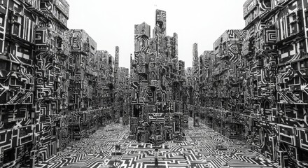 Hypnotic labyrinth city, a futuristic cityscape with intricate circuits and striking monochrome