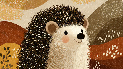 Cute, simple, happy cartoon hedgehog portait on a warm light brown background. 