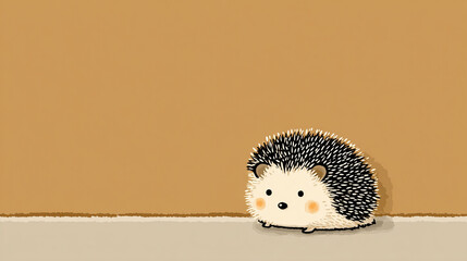 Cute, simple, happy cartoon hedgehog portait on a warm light brown background. 