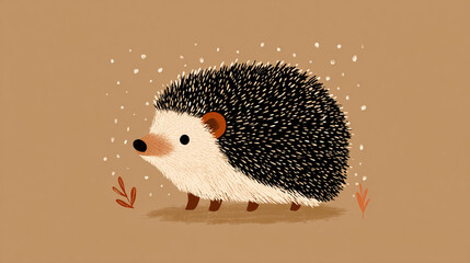 Cute, simple, happy cartoon hedgehog portait on a warm light brown background. 