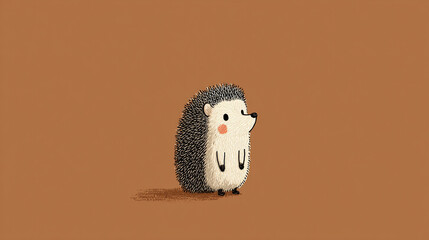 Cute, simple, happy cartoon hedgehog portait on a warm light brown background. 