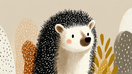 Cute, simple, happy cartoon hedgehog portait on a warm light brown background. 