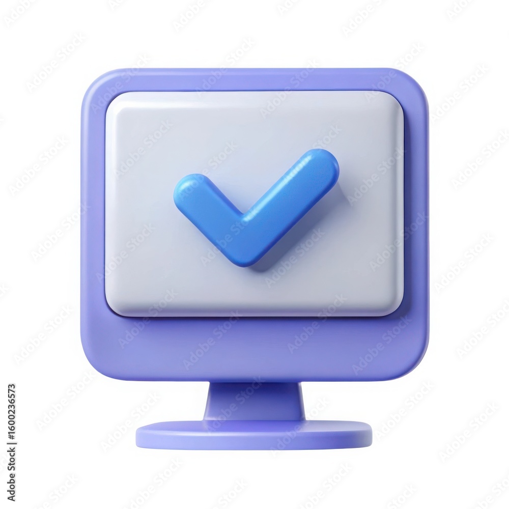 Poster 3d computer monitor with check mark isolated on white background
