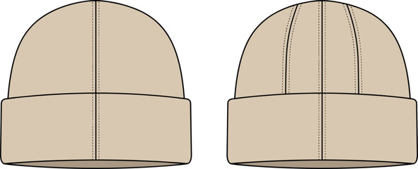 Flat CAD drawing vector illustration of unisex beanie winter hat front and back view, technical fashion sketch warm headwear design