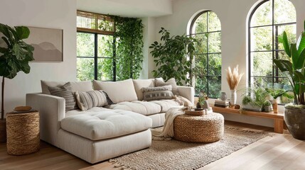 A light beige sectional sofa with potted plants and natural accents in a bright living room.