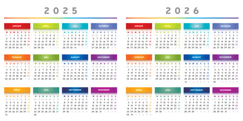 Calendrier 2025 et 2026 en Allemand - Couleurs Arc-en-Ciel Format 4 Trimestres