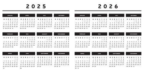 Calendrier 2025 et 2026 en Allemand - Couleurs Noir et Blanc Format 4 Trimestres