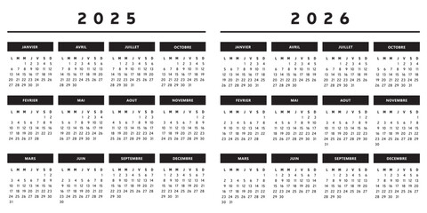 Calendrier 2025 et 2026 en Francais - Couleurs Noir et Blanc Format 4 Trimestres