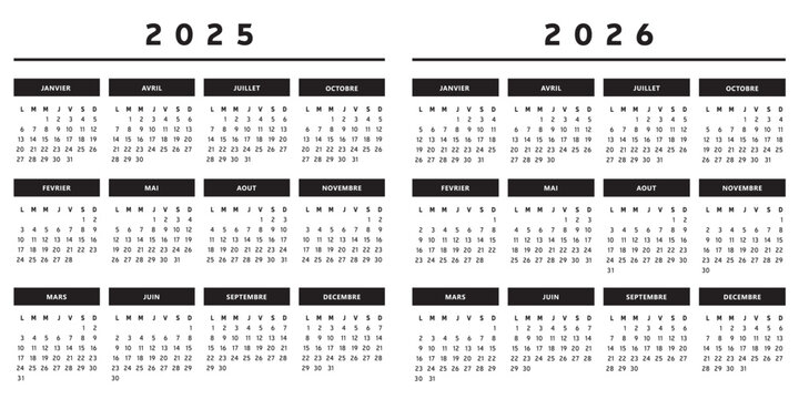 Calendrier 2025 et 2026 en Français - Couleurs Noir et Blanc Format 4 Trimestres