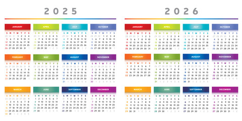 Calendrier 2025 et 2026 en Anglais - Couleurs Arc-en-Ciel Format 4 Trimestres