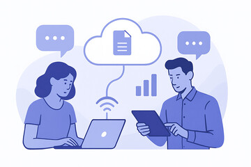 Two people collaborating on cloud data using laptops and tablets, symbolizing teamwork and digital communication.