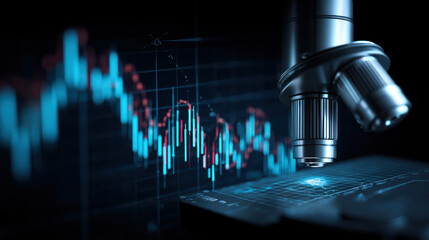 Diving deep into economic trends by analyzing candle graphs displayed through a microscope, illustrating shifting market dynamics and data patterns. 3d illustration.