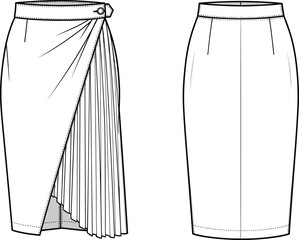Flat CAD drawing vector illustration of women’s pleated wrap skirt and classic pencil skirt, technical fashion design sketch garment
