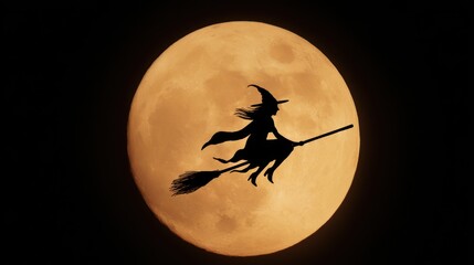 Witch on a broom, full moon