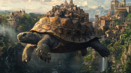 Enormous tortoise carries a fantastical city through the air.