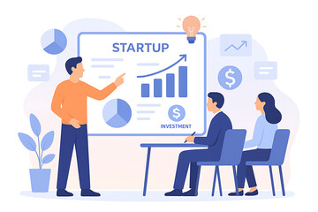 Business team discusses startup growth and investment strategies during a presentation with charts.