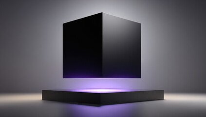 Floating black cube on a light-purple pedestal.