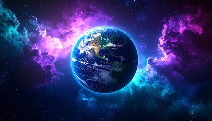 Obraz premium Planet Earth surrounded by colorful purple and teal nebula clouds