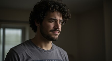 Obraz premium Introspective young man gazes thoughtfully with a subtle smile in a dimly lit room portrait