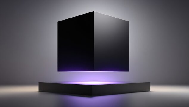 Floating black cube on a light-purple pedestal.