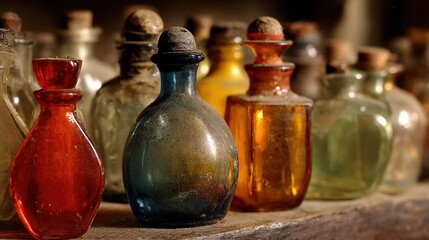 Vintage glass bottles, dusty and aged