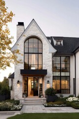 Modern architectural design of a stone house with large windows and a landscaped front garden during sunset in a suburban neighborhood