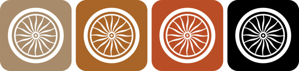 Wagon wheel vector icon. Carriage wheel symbol for transportation, vintage vehicles, and historical design. White silhouette isolated on color background.