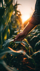 Vertical perspective of farmer touching corn leaves at golden hour, deep depth of field with rich crop textures, focus on sustainable farming mood