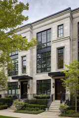 Fototapeta premium Elegant modern townhouse design featuring large windows and well-manicured landscaping in a suburban neighborhood under an overcast sky